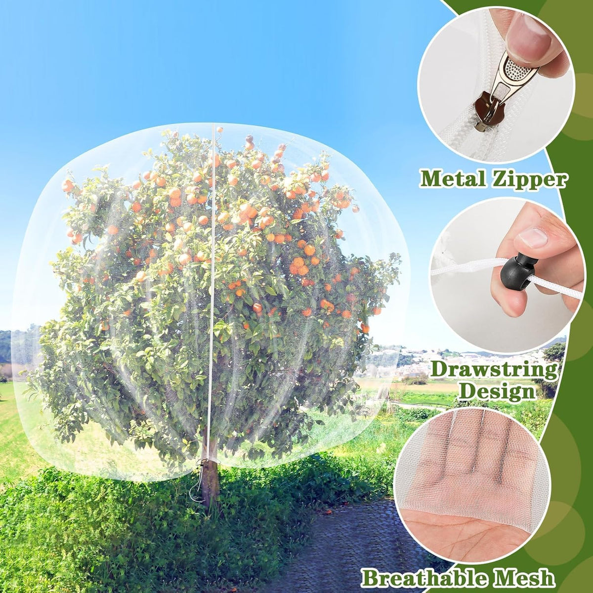 TWOWYHI 2Pack Garden Netting 8.2X8.2 Feet Large Fruit Tree Netting with Zipper and Drawstring