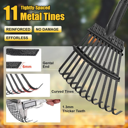Rake for Leaves: Small Metal Garden Rake, 8.5" Wide, 11 Metal Tines,Heavy Duty Lightweight Kids