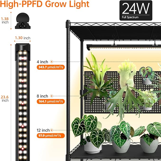 Bstrip Plant Shelf with Grow Light & Pegboard, Metal Plant Stand with Adjustable Rack and Wheels, 4