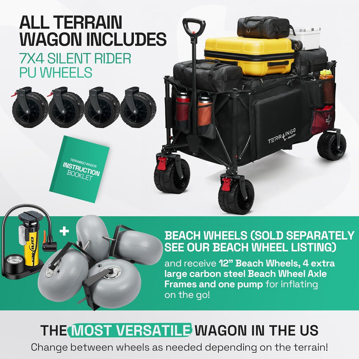 Foldable Beach Wagon Cart- Interchangeable All Terrain Wheels- 12" Beach Wheels Optional- Patent