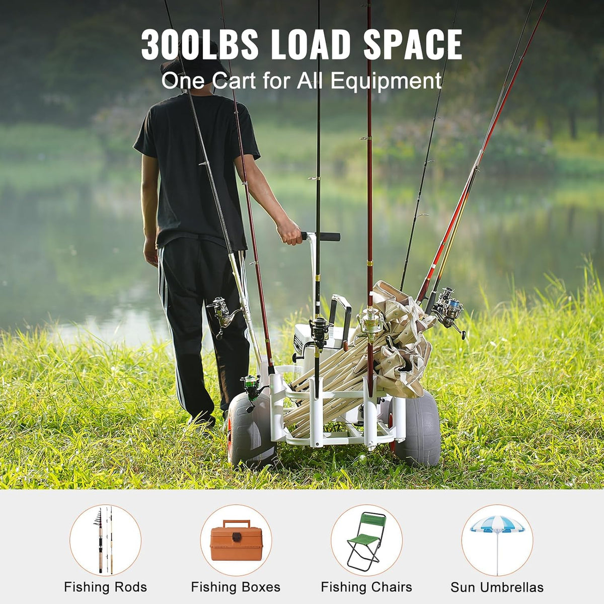 VEVOR Beach Fishing Cart, 300 lbs Load Capacity, Fish and Marine Cart with Two 13" Big Wheels PU