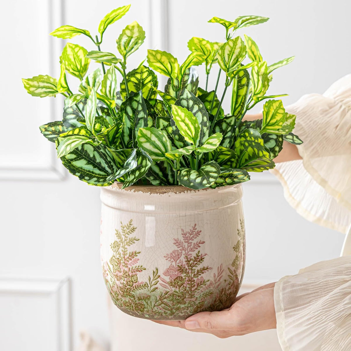 Vintage Pink and Green Ceramic Planter Set of 2, 4.7+5.7 Inch Rustic Flower Pots for Indoor Plants