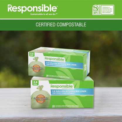 Responsible Products Kitchen Bin Liners, Certified Compostable, Heavy Duty Multipurpose Food Scrap