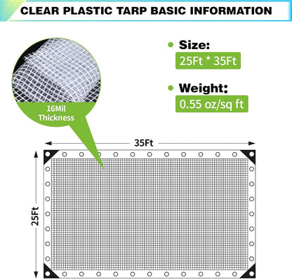 25Ft x 35Ft Clear Greenhouse Plastic Covering, 16Mil Thickness Heavy Duty Clear tarp for Chicken
