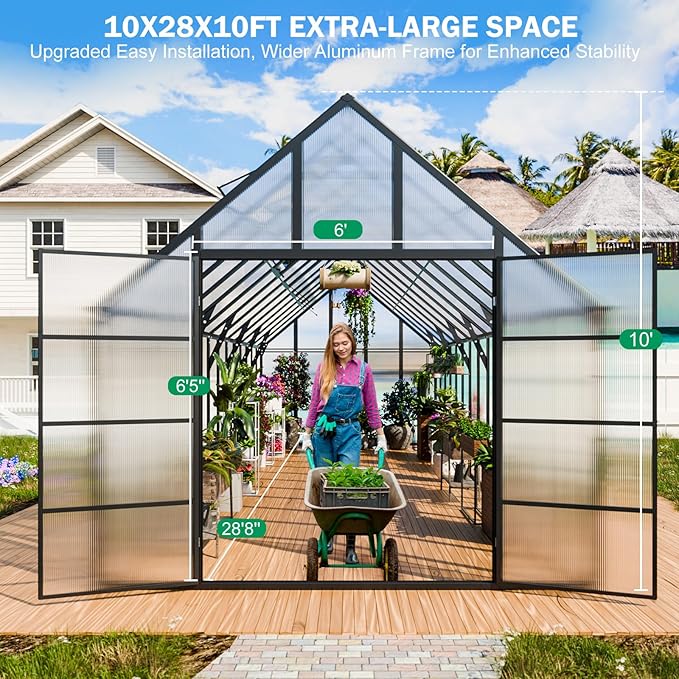 CDCASA 10x28 FT Greenhouse for Outdoors,Large Easy Assembly Thicker Aluminum Polycarbonate
