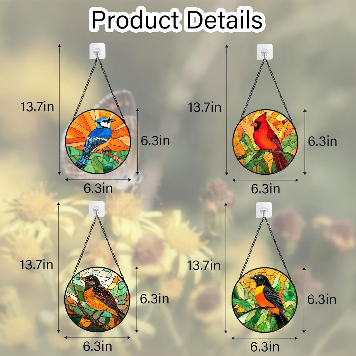 Stained Glass Window Hanging 4 Pcs Set Birds 6.3" - Cardinal Blue Jay Suncatcher Door Garden Sun