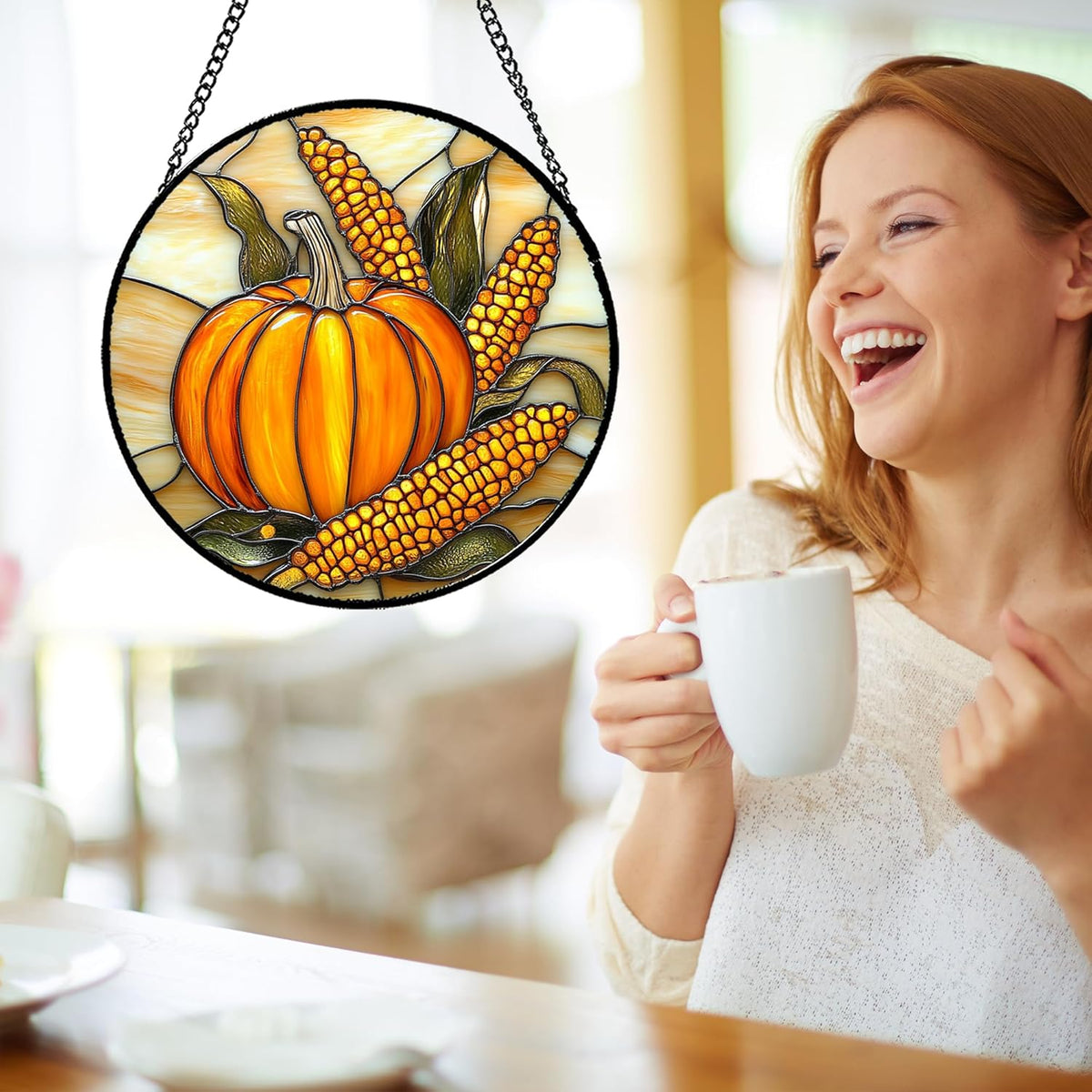 Stained Glass Window Hanging Autumn Harvest Pumpkin Corn 7.8" - Suncatcher Door Garden Kitchen