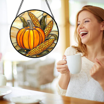 Stained Glass Window Hanging Autumn Harvest Pumpkin Corn 7.8" - Suncatcher Door Garden Kitchen