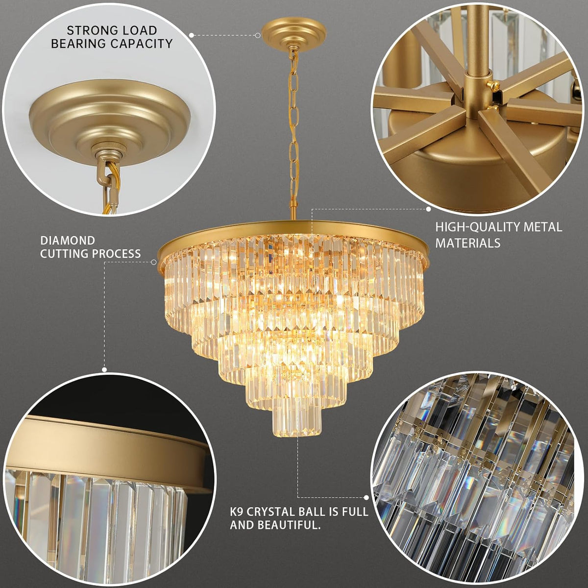 Crystal Chandeliers for Dining Room Lights Fixture Over Table, 20 Lights Gold Modern Chandeliers