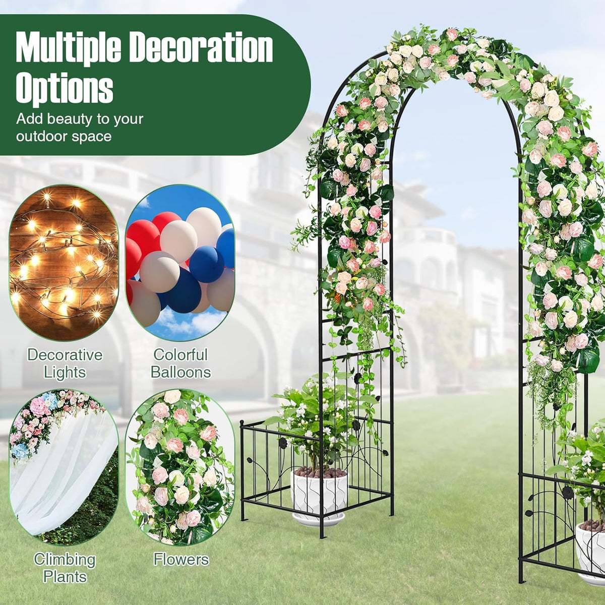 Happygrill Garden Arbor, 86" Metal Archway Pergola w/2 Side Planters, 8 Ground Stakes, Sturdy Metal
