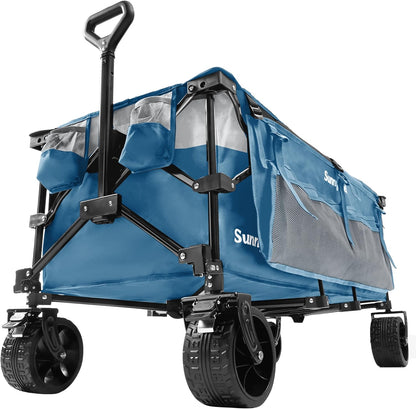 SUNNYFEEL 49''L 550lbs Heavy Duty Wagon Cart Foldable with Wheels,Extra Long Fold Up Wagons Carts