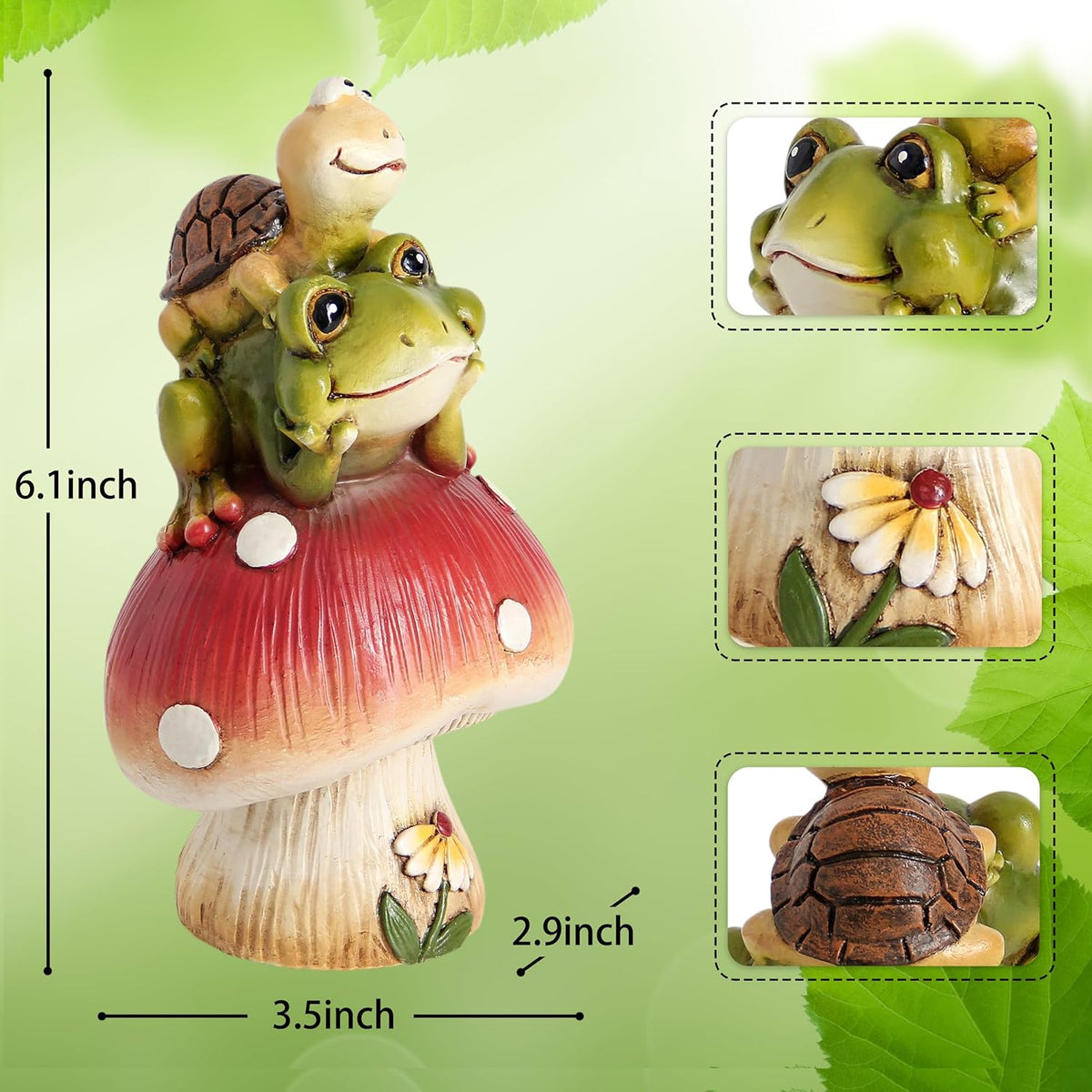 Leekung Turtle Riding Frog Sitting On Mushroom for Garden Decor, Frog Statue&Mushroom Figurines for