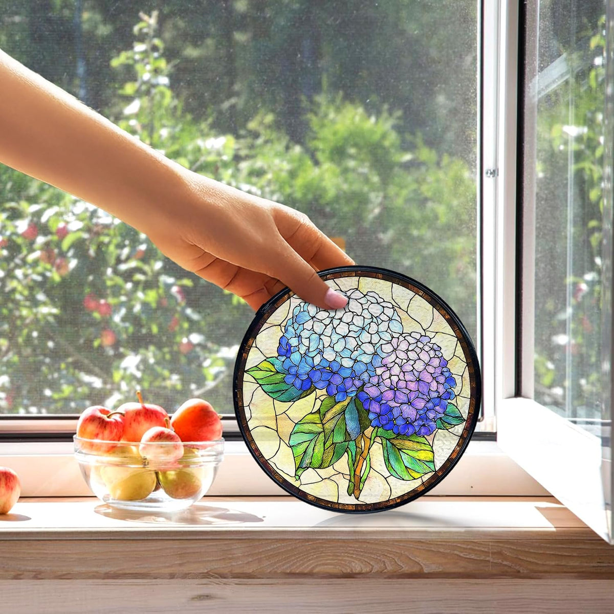kdqua Hydrangea Flower Suncatcher Stained Glass Window Hanging, Blue Hydrangea Sun Catchers Indoor