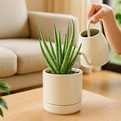 D'vine Dev 4.7 Inch Ceramic Planter Pot with Drainage Hole and Saucer, Indoor Cylinder Round
