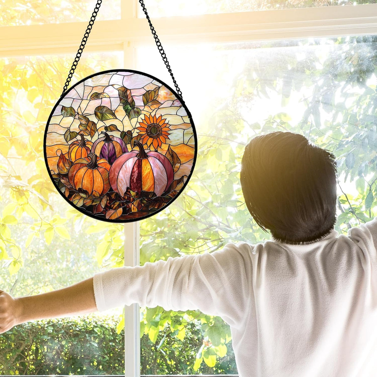 Stained Glass Window Hanging, Pumpkin Sunflower Suncatcher Diamond Glass Panel Sun Catchers Decor
