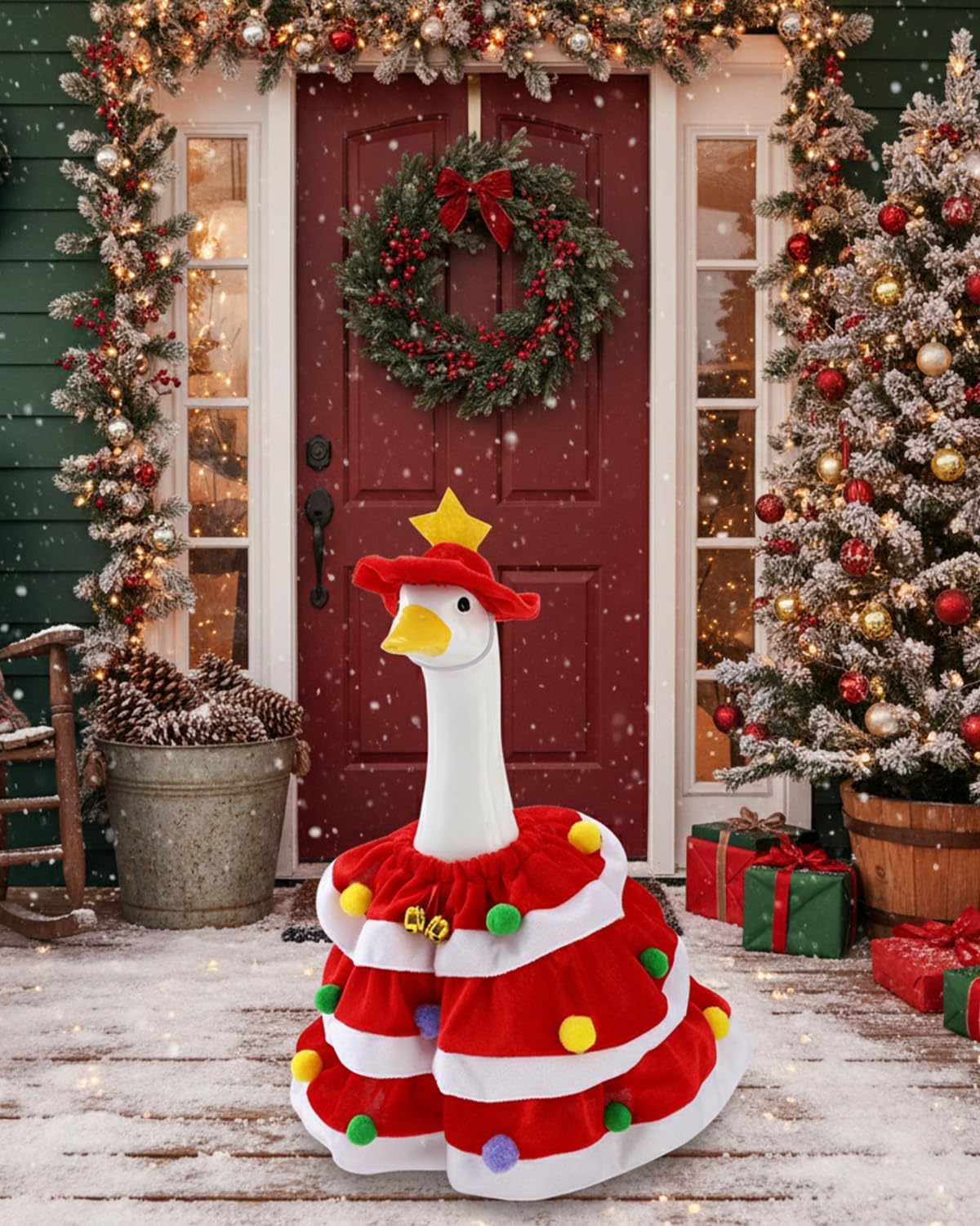 Christmas Porch Goose Outfits with Bells, 2 Pcs/Set Lawn Cement Goose Clothes, 23" Patio Yard