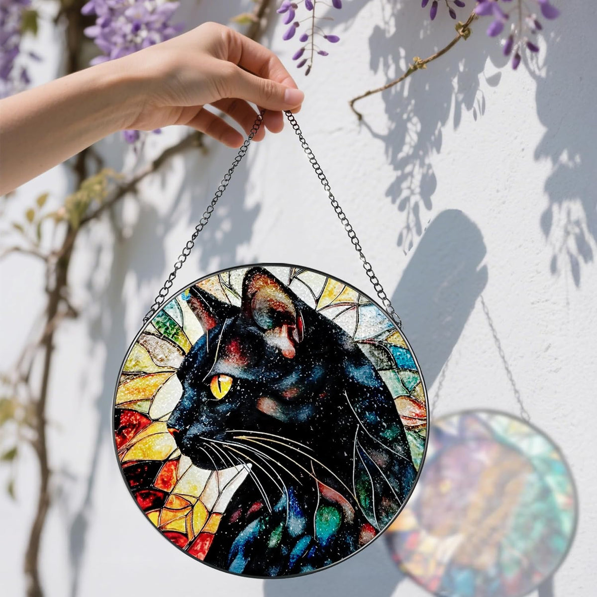 8″ Stained Glass Window Hanging Ornament, Black Cat Stained Glass Suncatcher Ornament, Sun-Catcher