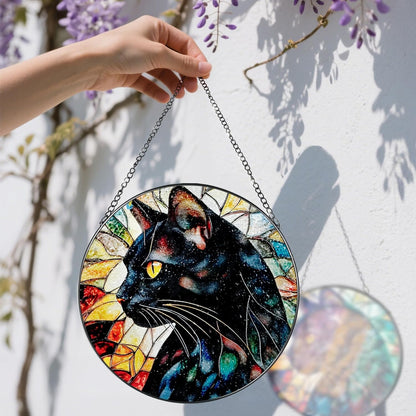 8″ Stained Glass Window Hanging Ornament, Black Cat Stained Glass Suncatcher Ornament, Sun-Catcher