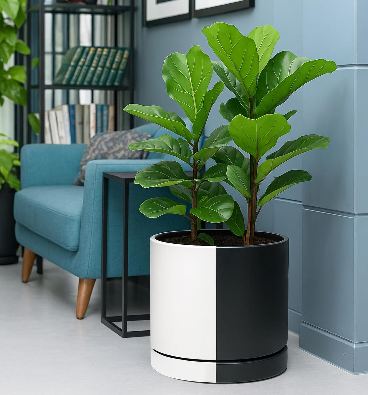 D'vine Dev 12 Inch Ceramic Planter Pot with Drainage Hole and Saucer, Indoor Cylinder Round Planter