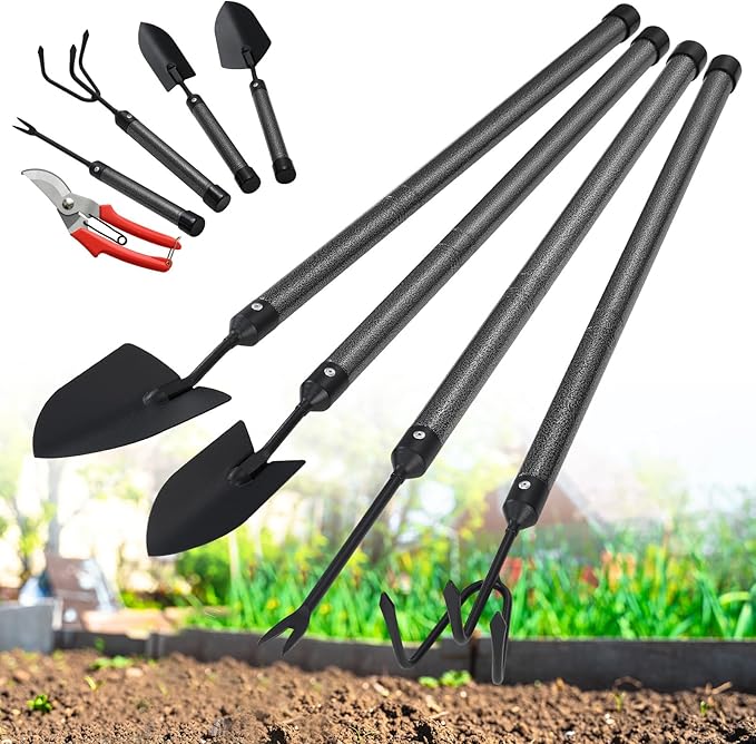 Garden Tool Set with Extended Long Handle, 5 Pieces Stainless Steel Gardening Tool Kit, Gifts for
