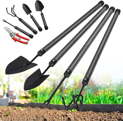 Garden Tool Set with Extended Long Handle, 5 Pieces Stainless Steel Gardening Tool Kit, Gifts for