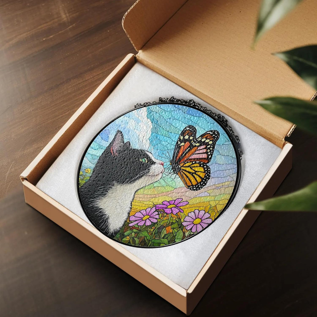 Tuxedo Cat Gifts, Black & White Cat Memorial Suncatcher Gift for Loss of Cats, Butterfly Stained
