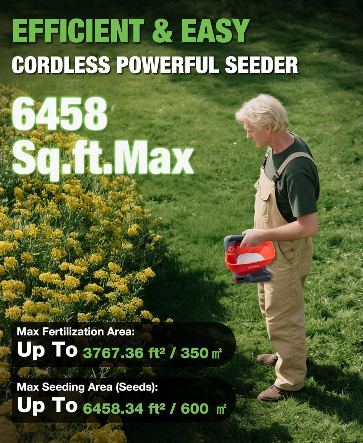 SHALL Battery Powered Fertilizer Spreader, 7.2V Rechargeable Seed Spreader for Salt, De-Icer, Earth
