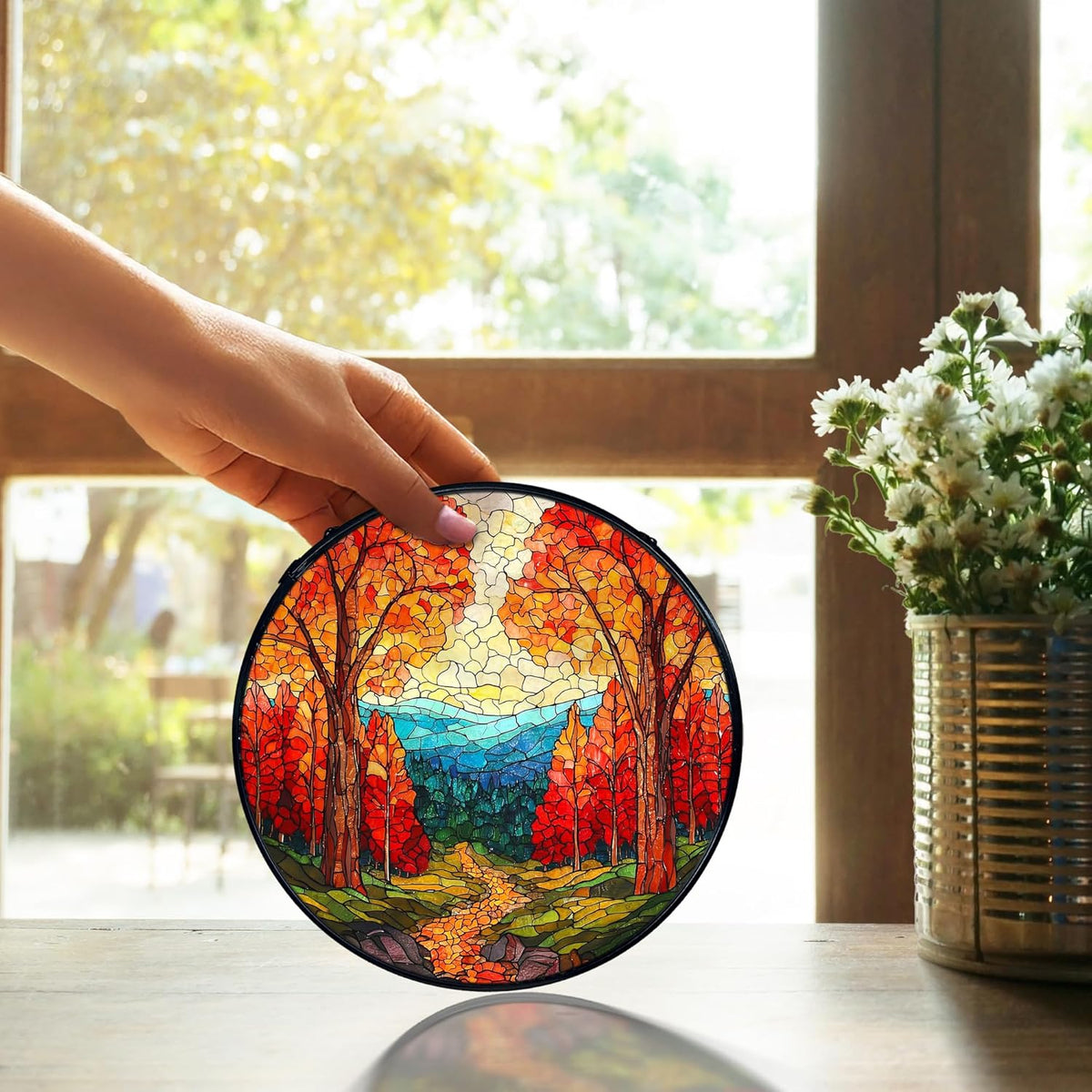 TNUW Fall Forest Stained Glass Window Hanging, Rustic Autumn Landscape Sun Catchers Indoor Window