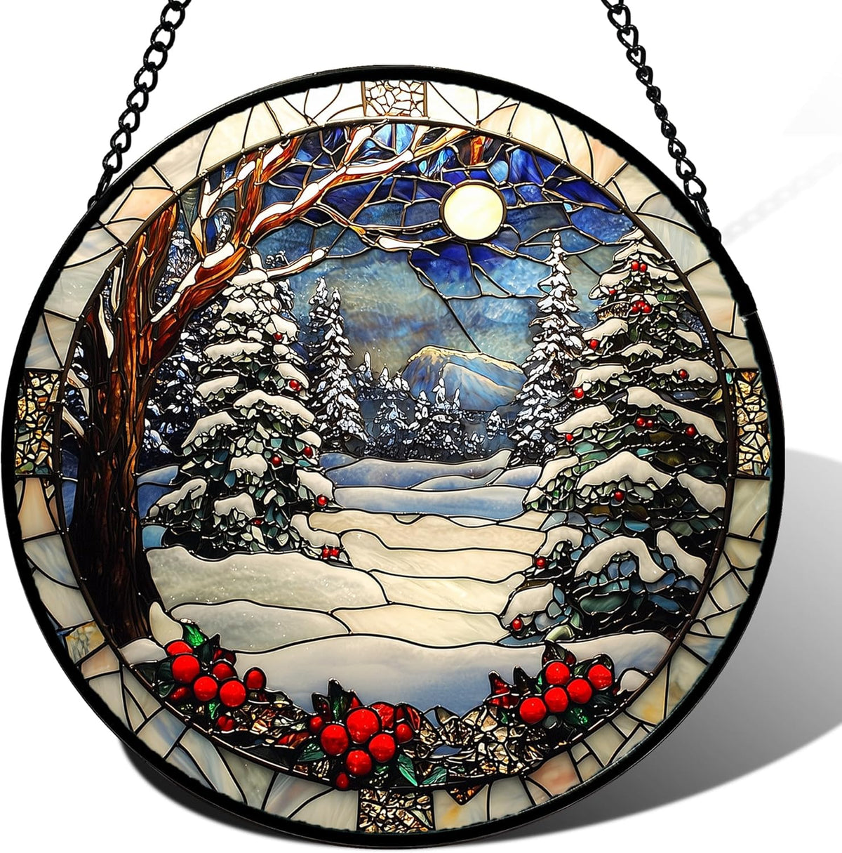 Stained Glass Window Hanging Christmas Tree Winter Snow Night Scenery Large 14.9" - Suncatcher Door