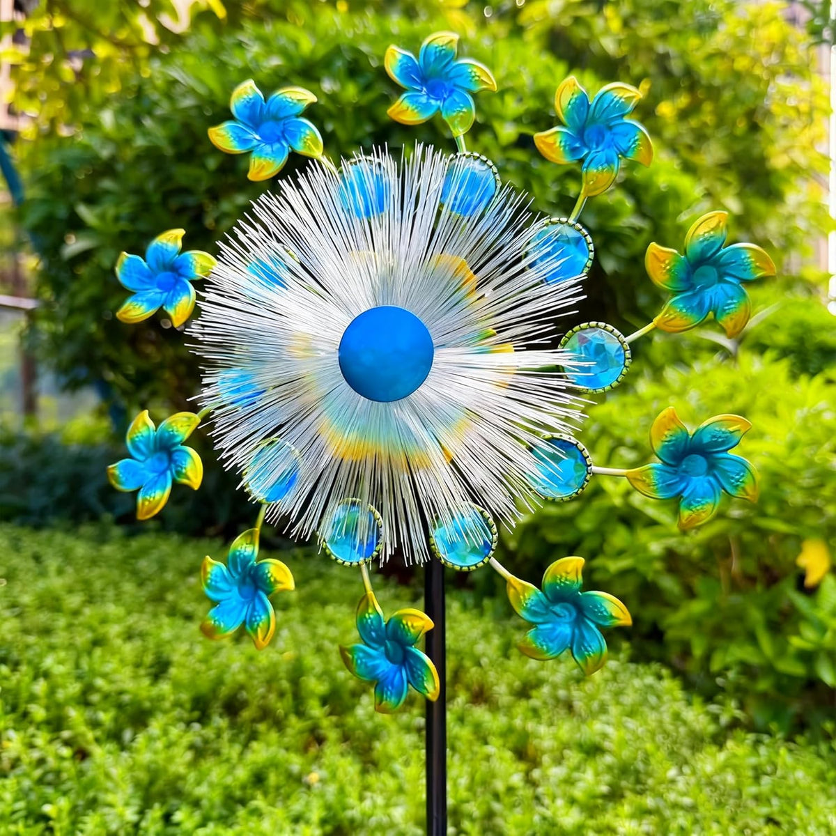 46" Flower Solar Wind Spinners for Yard and Garden, Sapphire Kinetic Windmill Wind Spinner Outdoor
