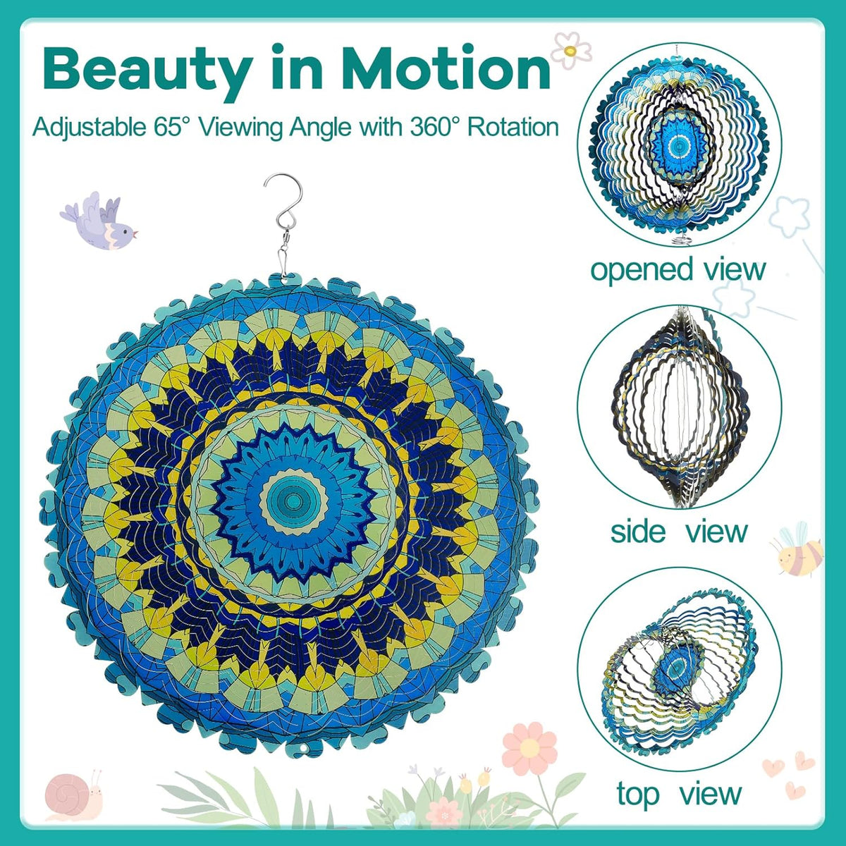 12 Inch Mandala Wind Spinners with Gazing Ball Spiral Tail, Outdoor 3D Stainless Steel Hanging