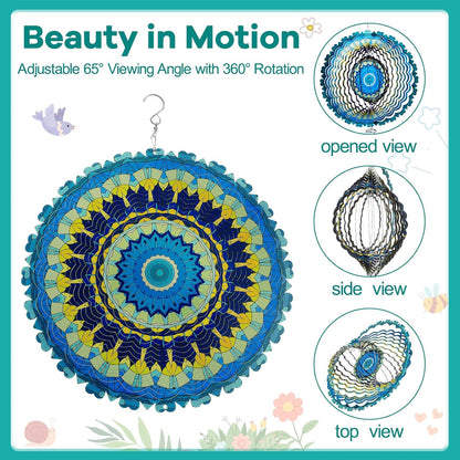 12 Inch Mandala Wind Spinners with Gazing Ball Spiral Tail, Outdoor 3D Stainless Steel Hanging