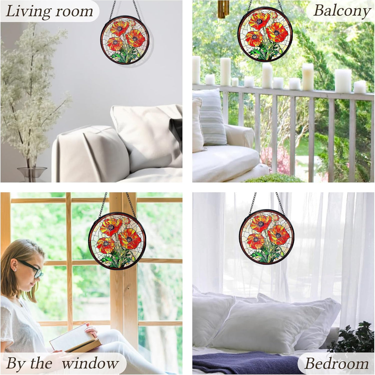 kdqua Poppy Flower Suncatcher Stained Glass Window Hanging, Poppy Flower Gifts Sun Catchers Indoor