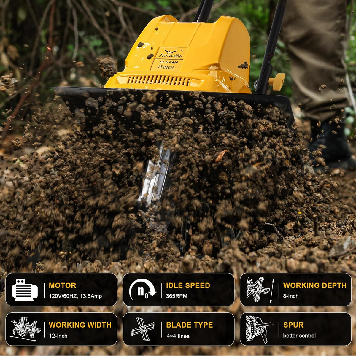 Electric Tiller/Cultivator 4 Steel Tines, 8'' Tilling Depth Garden Roto Tillers for Gardening, 13.5