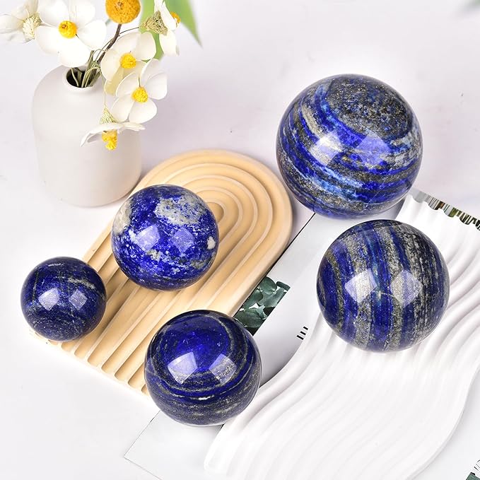 JIC Gem Lapis Lazuli Quartz Crystal Ball with Wooden Stand - Blue Crystal Sphere for Feng Shui