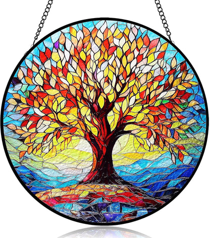 Tree of Life Stained Glass Suncatcher | 8" Round Indoor Window Sun Catchers with Stain Glass Panels