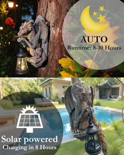 Dragon Statue Solar Lantern for Garden Décor, Dragons Figurine Night Light, 10”Outdoor Decorative