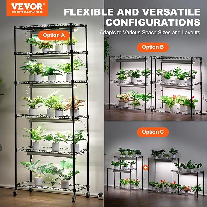 VEVOR DIY Plant Stand with Grow Light, 6-Tier Large Tall Plant Shelf with 192W 5000K Full Spectrum
