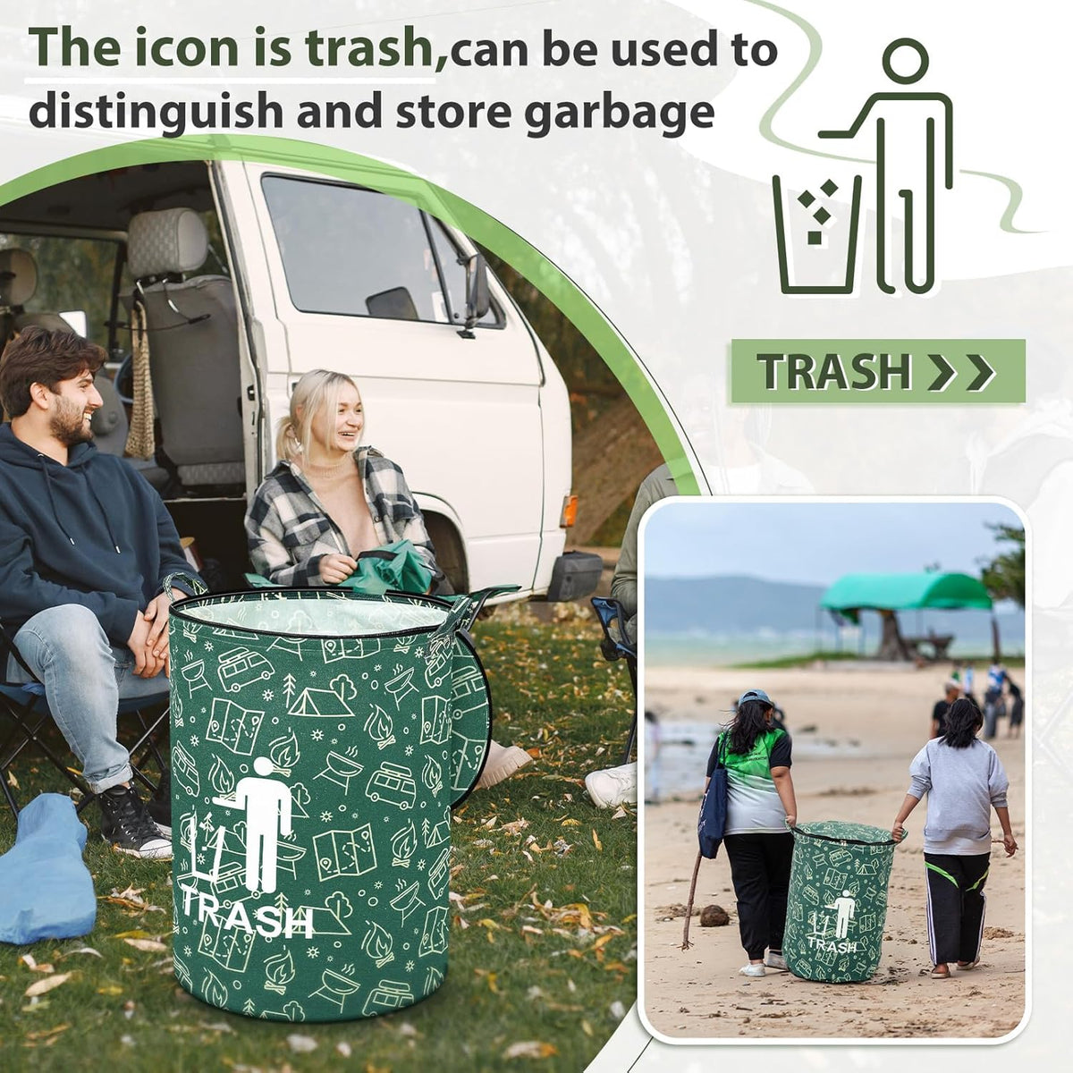 1 Pack Collapsible Trash Can Camping with Zippered Lid Foldable Storage Bin Portable Garbage Can