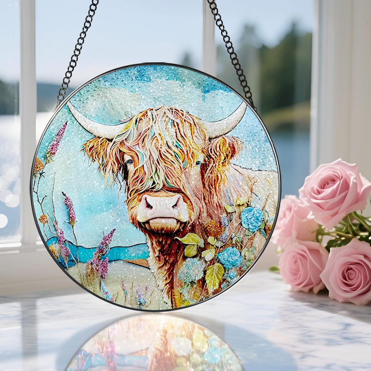 Stained Glass Window Hanging, Stained Glass Suncatcher, Cow Sun Catcher, Window Hanging Decor, Cow
