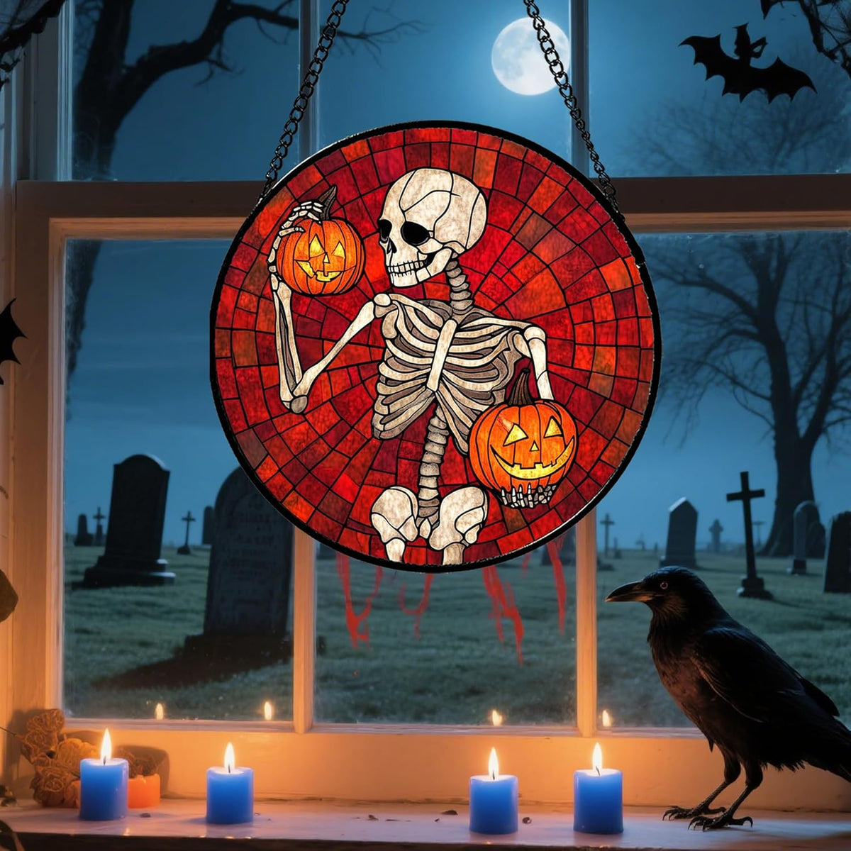 Stained Glass Window Hanging - Halloween Decorations Skeleton Pumpkin Suncatcher for Doors Garden
