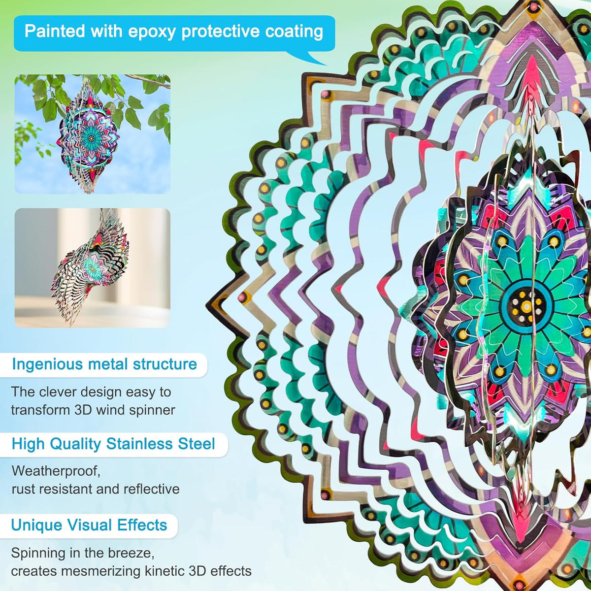 Goolyrusim Wind Spinner Mandala Jasmine, 12Inch Laser Cut Stainless Steel Wind Spinners, 3D Hanging