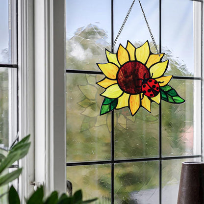Stained Glass Suncatcher, Sunflower and Ladybug Window Hanging, Hand-Painted (Style 4)