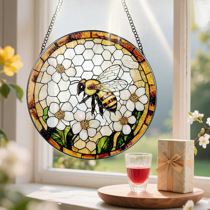 Bee Wildflowers Stained Glass Suncatcher, Stained Glass Window Hanging, 8 Inch Honey Bee