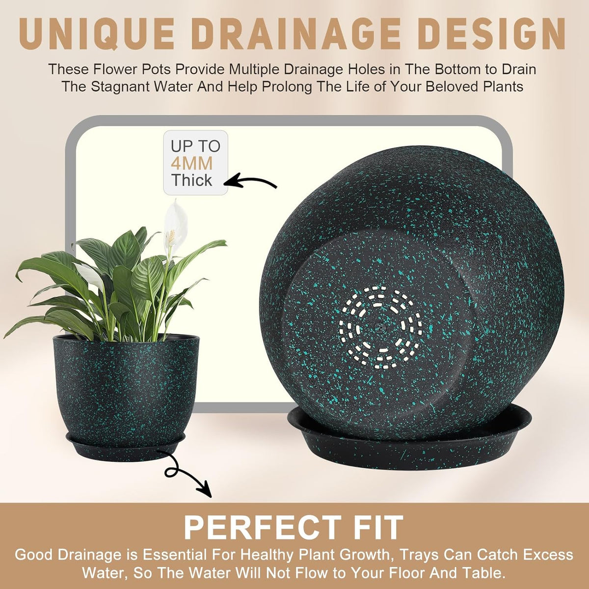 Plant Pots 10/9/8/7.5/7 inch Set of 5,Flower Pots with Multi Mesh Drainage Holes, Large Planters