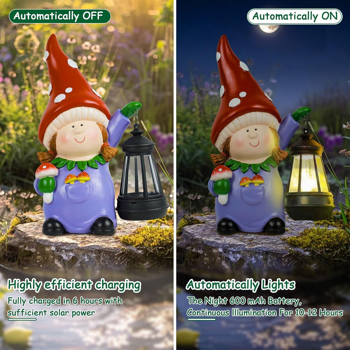 Gnome Statue Garden Ornaments Art Outdoor Decoration with Solar Powered LED Lights Decor for