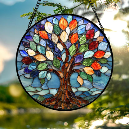 Stained Glass Window Hanging, Colorful Tree of Life Sun Catchers Glass Panel Blue Suncatcher Decor