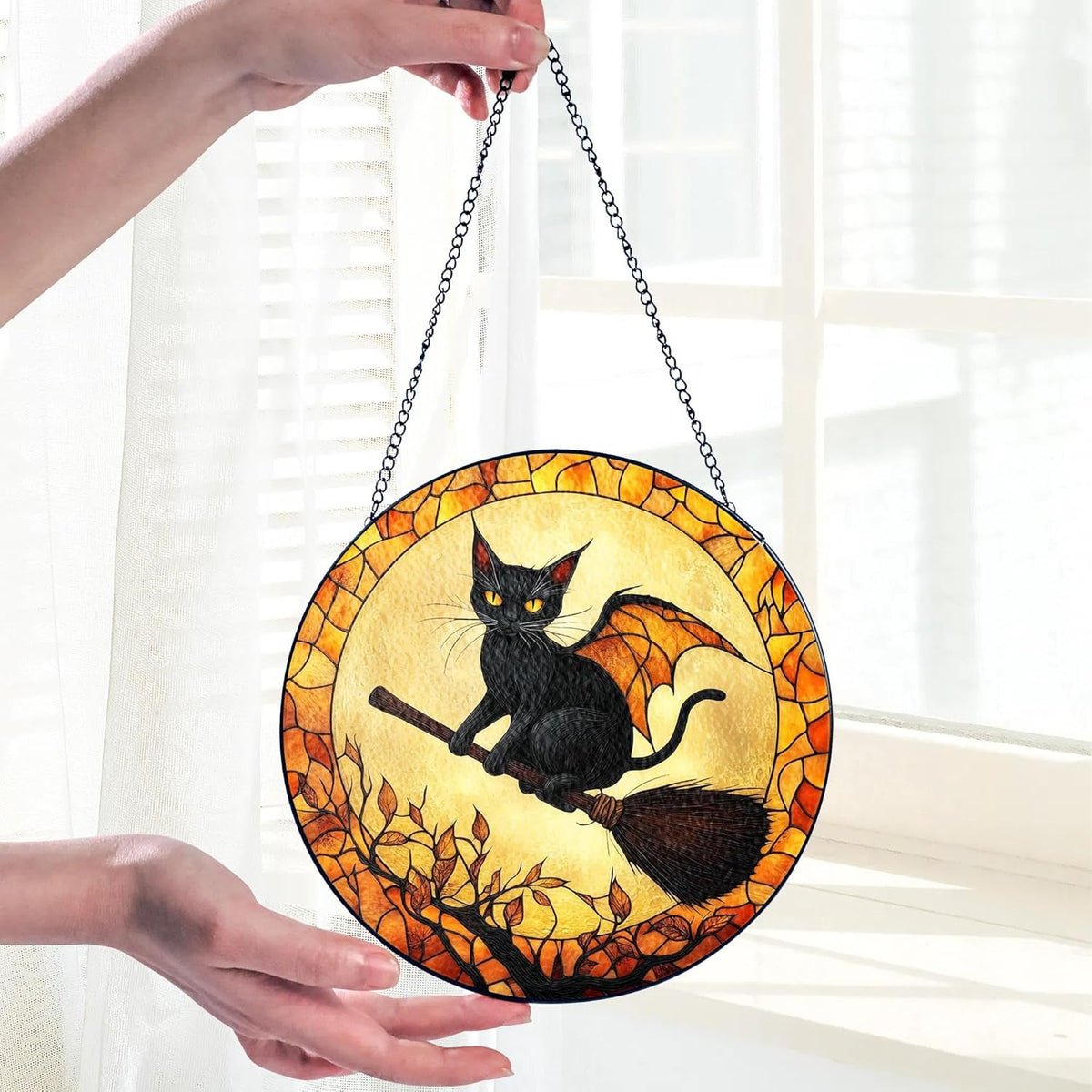 Black Cat Stained Glass Suncatcher, Halloween Cat Witch Window Hanging Decor, Pumpkin Spooky