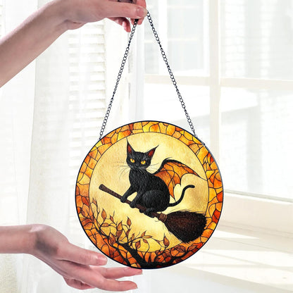 Black Cat Stained Glass Suncatcher, Halloween Cat Witch Window Hanging Decor, Pumpkin Spooky