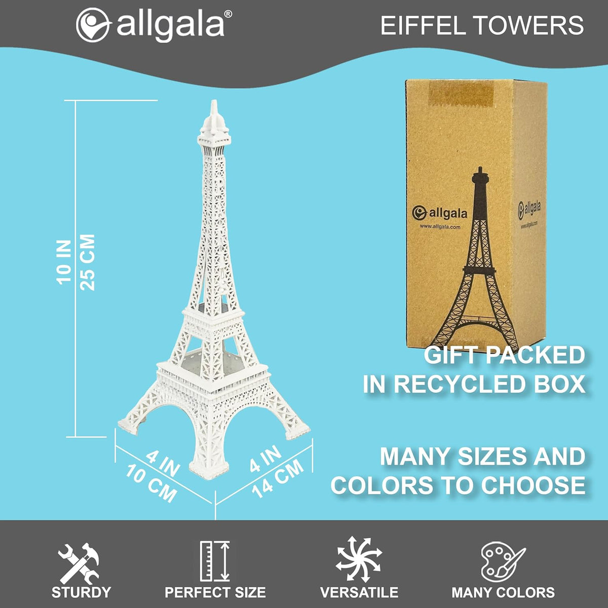 allgala 10" Eiffel Tower Statue Decor Alloy Metal, White